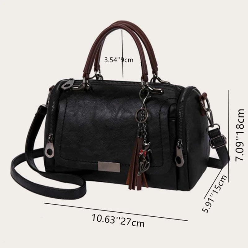 Quasten-Dekor-Damen-Umhängetasche mit großer Kapazität, modische Umhängetasche mit Reißverschluss und abnehmbarem Riemen, Boston-Handtasche