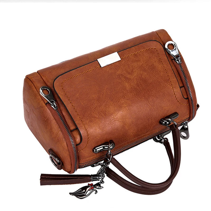 Quasten-Dekor-Damen-Umhängetasche mit großer Kapazität, modische Umhängetasche mit Reißverschluss und abnehmbarem Riemen, Boston-Handtasche