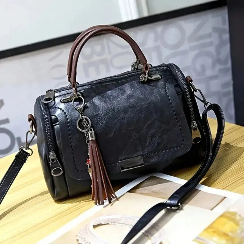 Quasten-Dekor-Damen-Umhängetasche mit großer Kapazität, modische Umhängetasche mit Reißverschluss und abnehmbarem Riemen, Boston-Handtasche