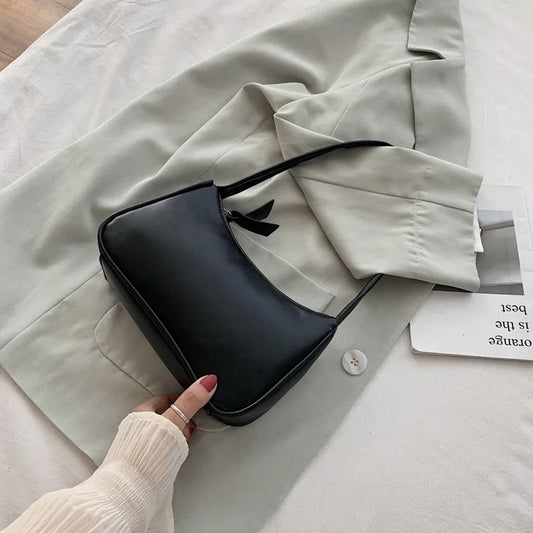 Retro Unterarmtasche Damen Schleife Handtasche PU Leder Baguette Tasche Umhängetasche im westlichen Stil Achselfeuchtigkeit