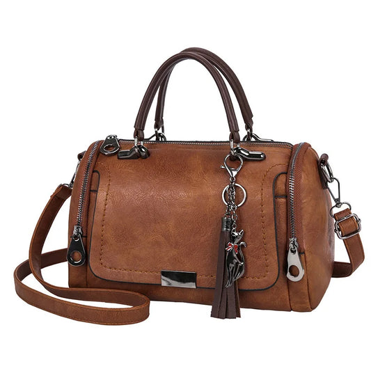 Quasten-Dekor-Damen-Umhängetasche mit großer Kapazität, modische Umhängetasche mit Reißverschluss und abnehmbarem Riemen, Boston-Handtasche